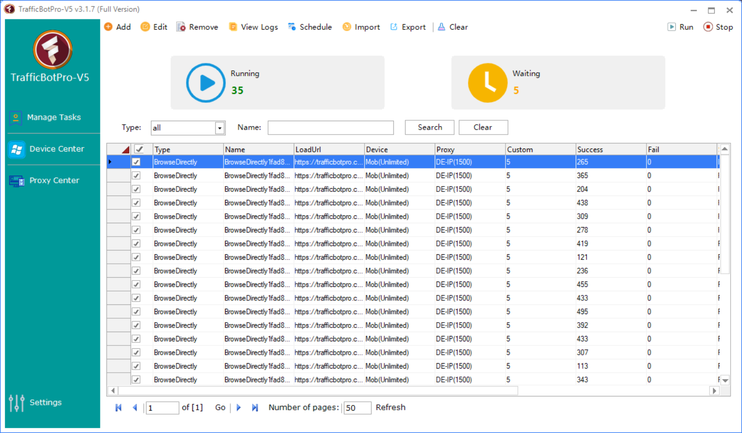 TrafficBotPro V5 task management software interface